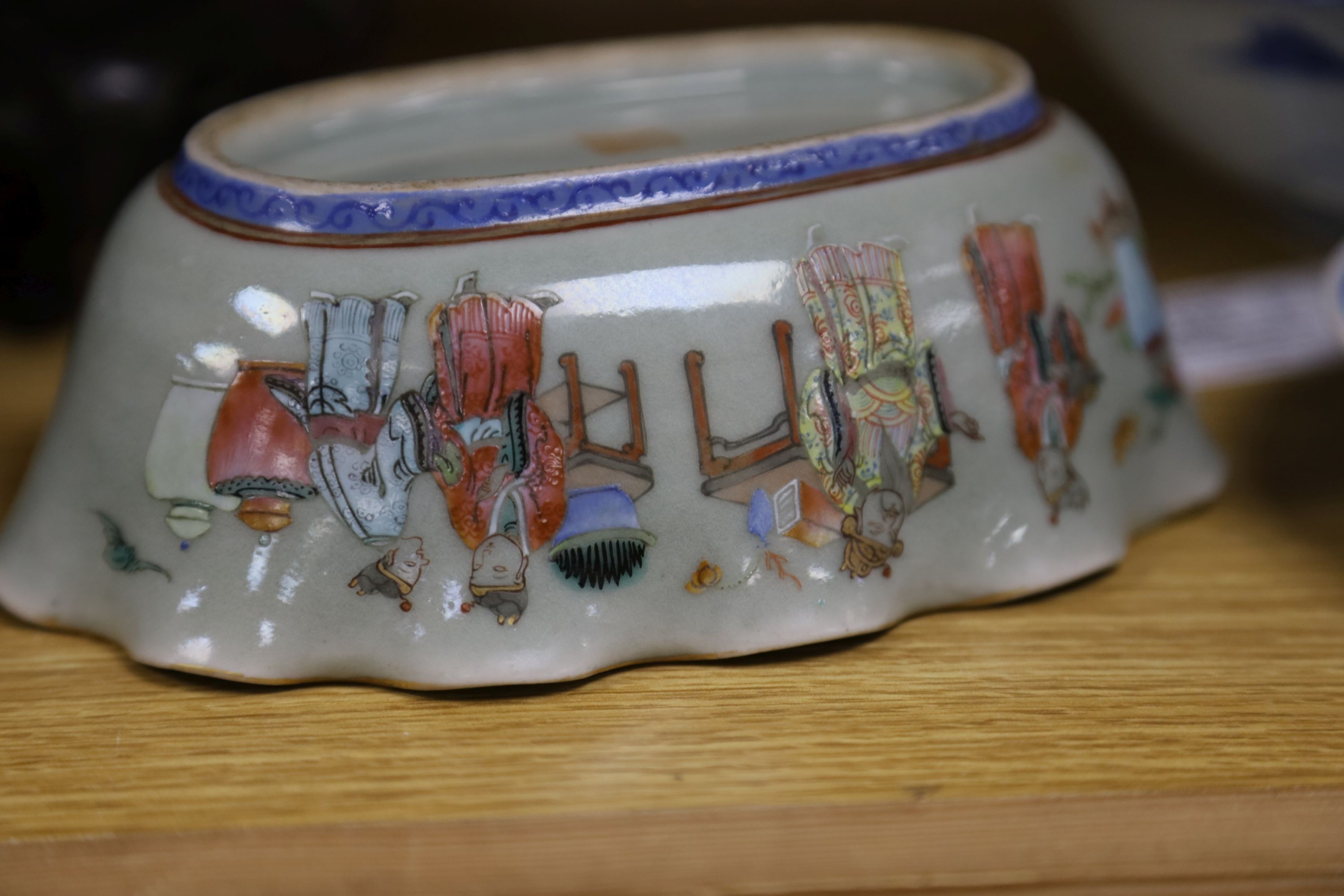 A large early 20th century Chinese cloisonné enamel ‘dragon’ bowl and two Chinese Tongzhi celadon ground famille rose bowls 31cm